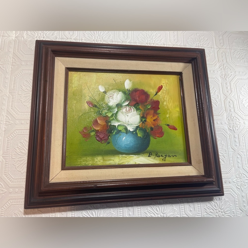 VINTAGE SIGNED B. REAGAN OIL ON CANVAS ROSES FLOWERS PAINTING 8"X10" FRAMED - Picture 2 of 13